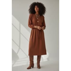 Vintage 80s Adele Simpson Long MIDI Belted dress Tan L